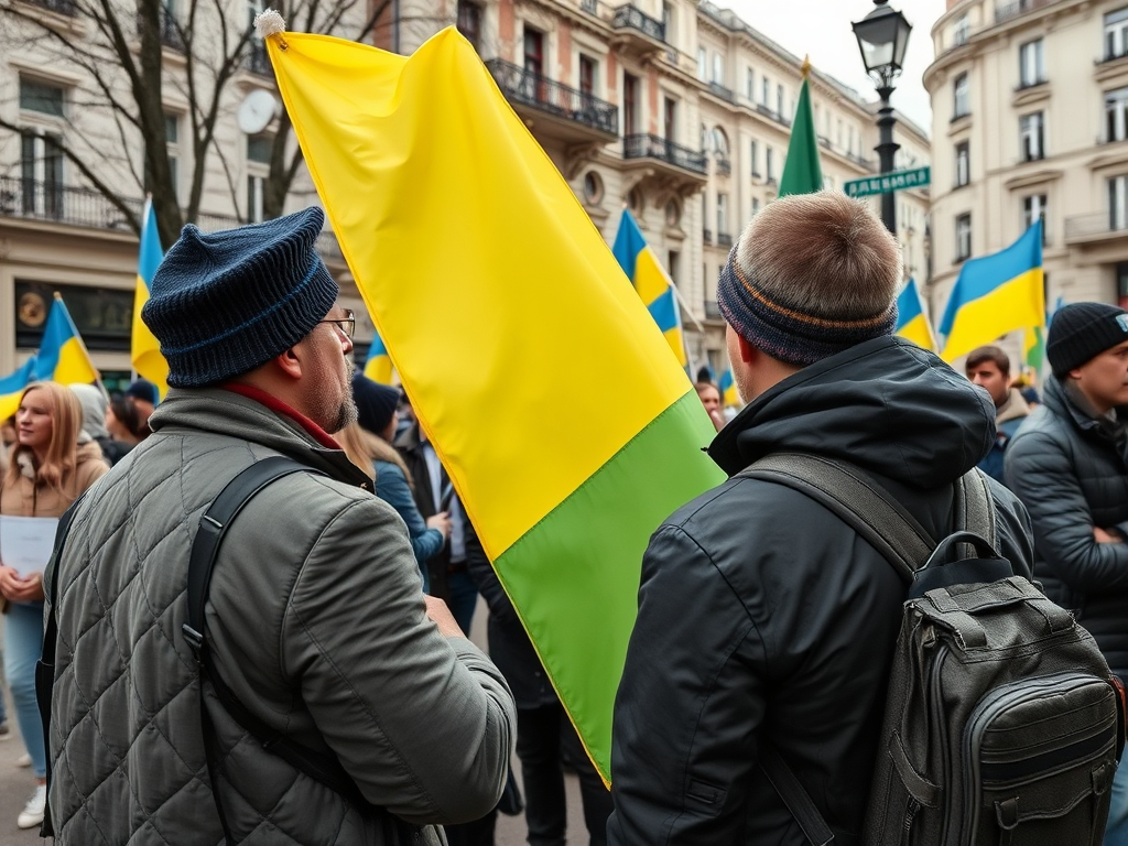На демонстрации два человека держат флаги с желто-зелеными цветами на фоне городских зданий.